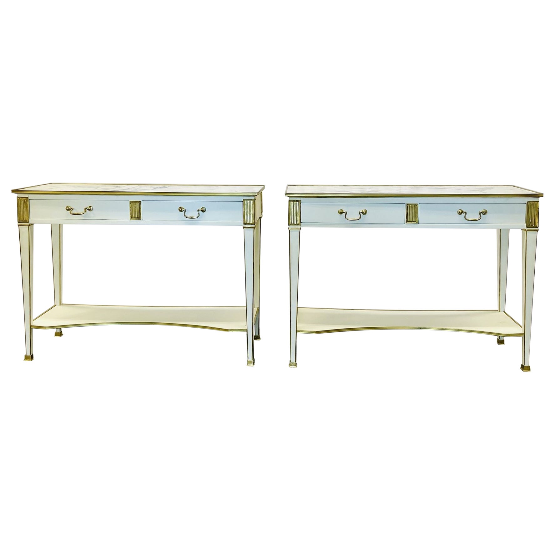 Pair of Hollywood Regency Neoclassical White Sofa, Console Tables, Maison Jansen