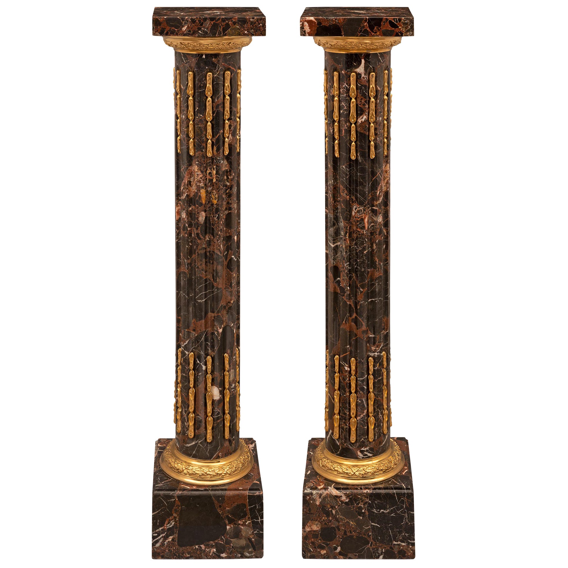 Pair of French 19th Century Louis XVI St. Ormolu and Marble Pedestal Columns For Sale