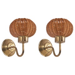 Danish Designer, Wall Lights, Brass, Rattan, Denmark, 1960s