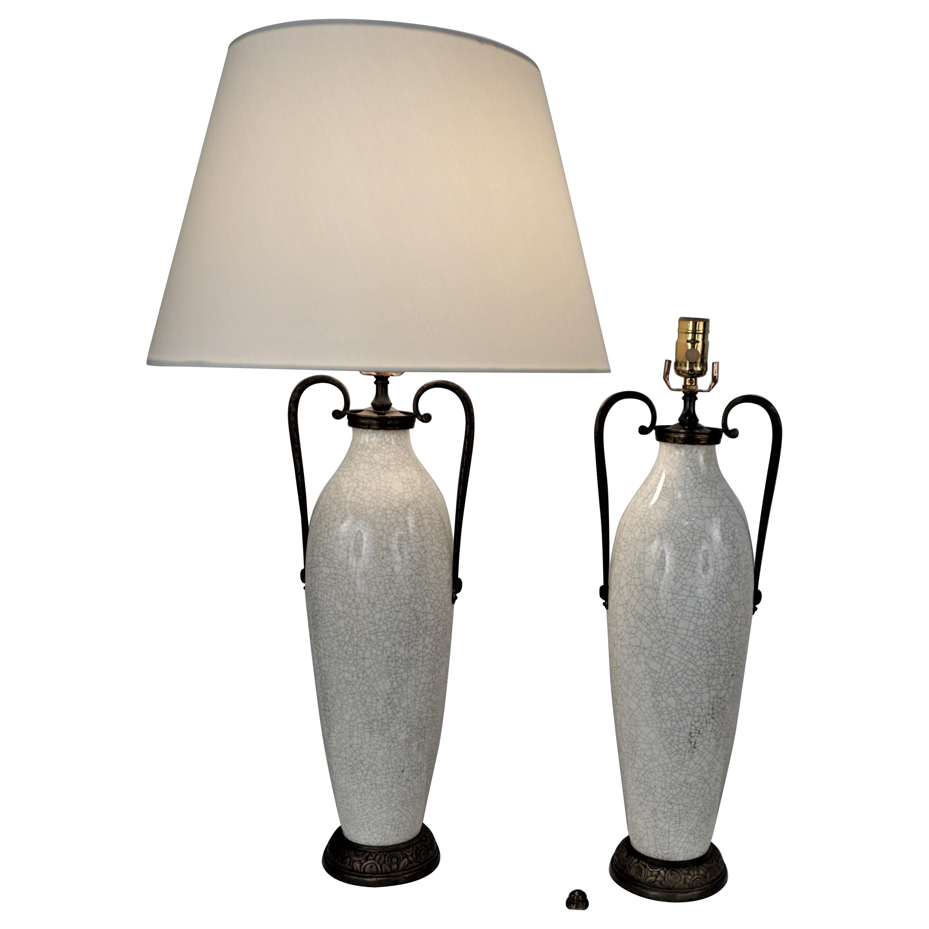 Pair of Crackle White Ceramic and Bronze Table Lamps
