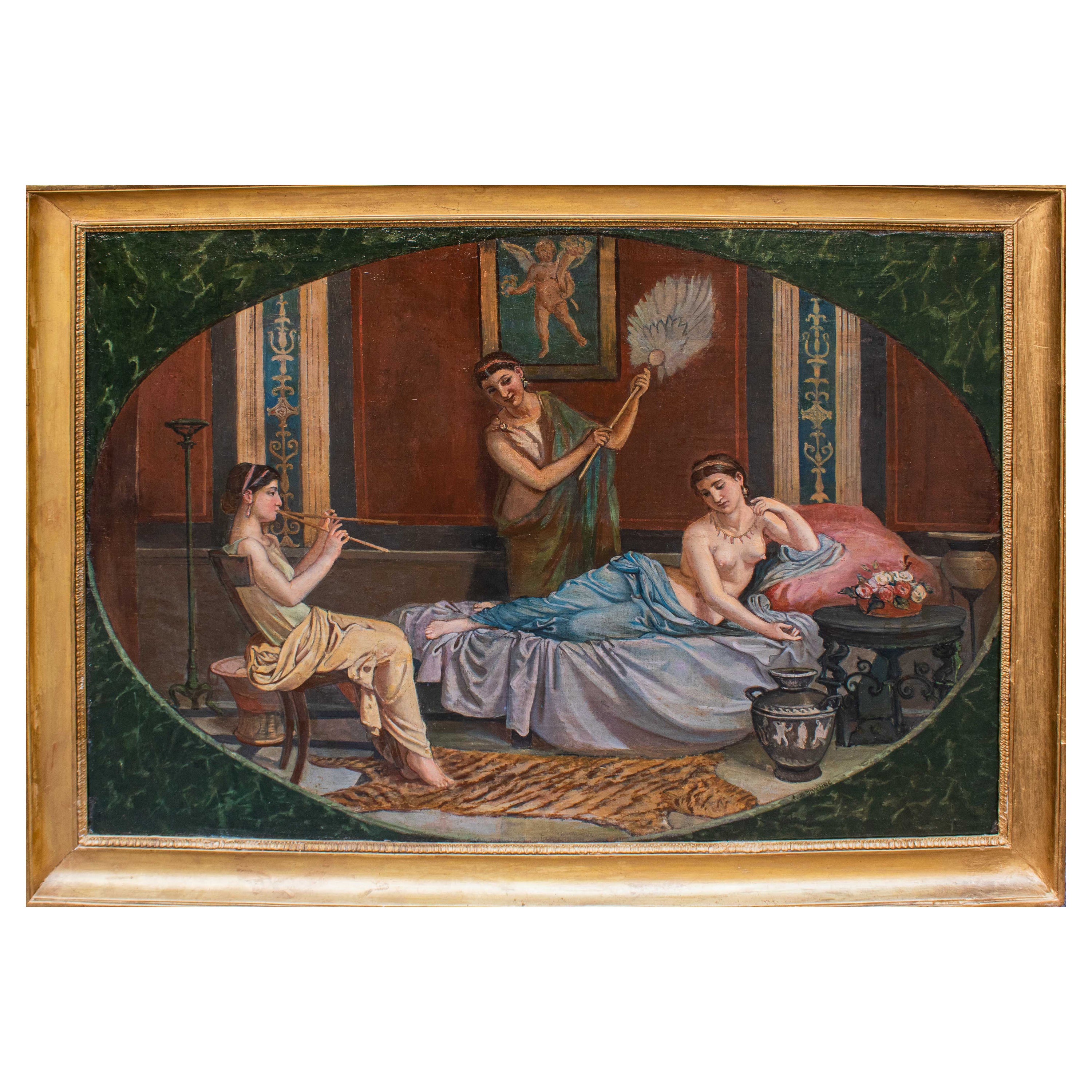 19th Century Pompeian Genre Scene Painting Oil on Canvas