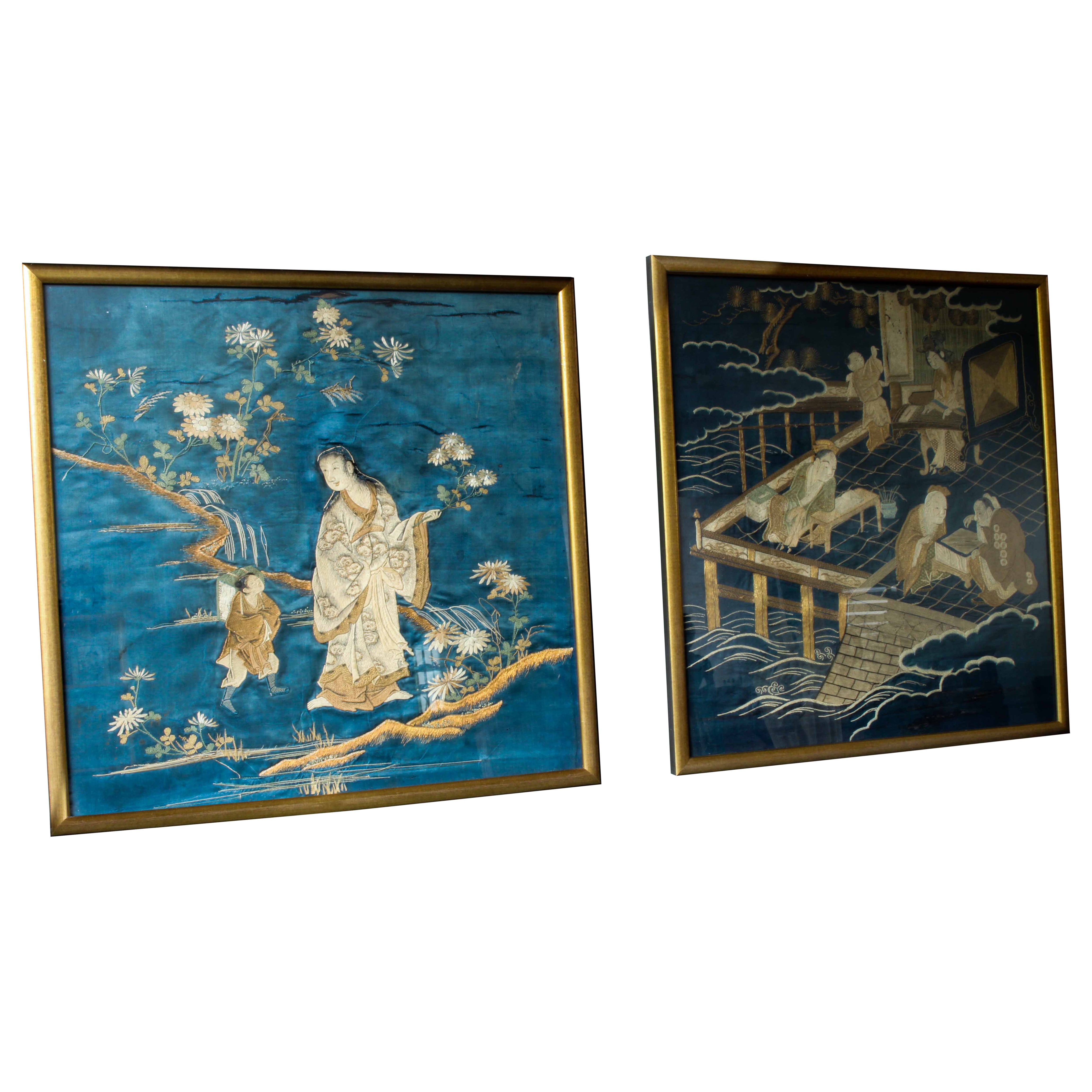 Set of 2 Framed Antique Chinese Antique Embroidered Textiles with Figures in Int
