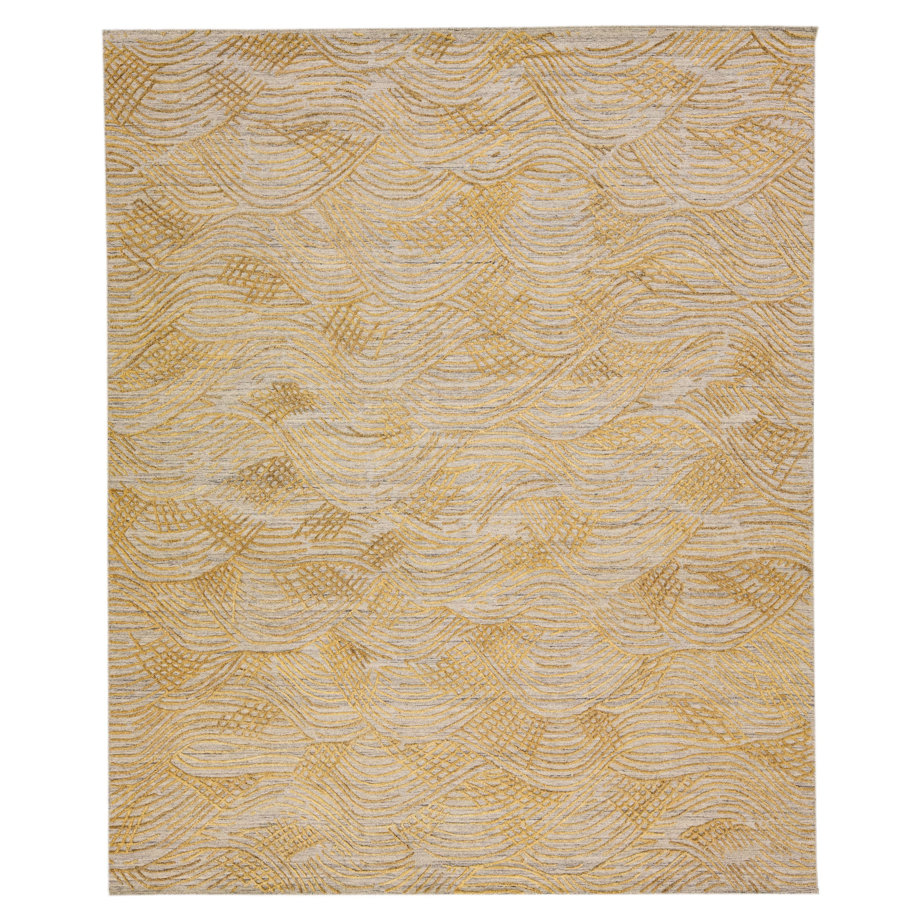 Contemporary Gold Texture Handmade Wool & Viscose Rug For Sale