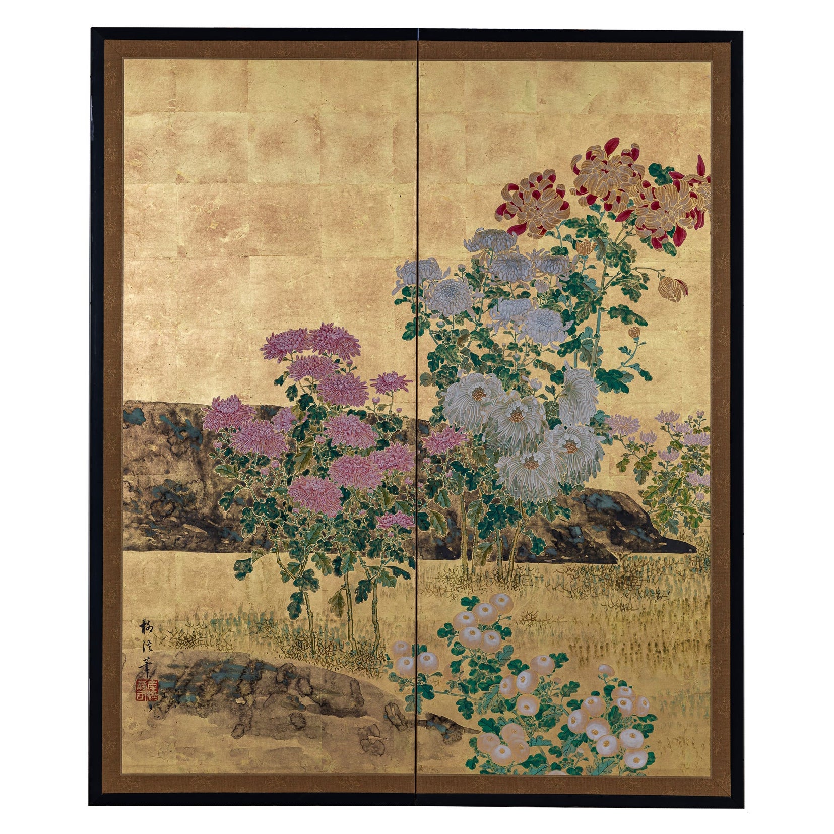Japanese Two Panel Screen: Chrysanthemums on Gold Leaf