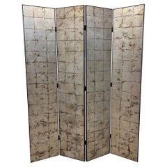 Mid-Century Silver Leaf and Brass Asian Room Divider Folding Screen