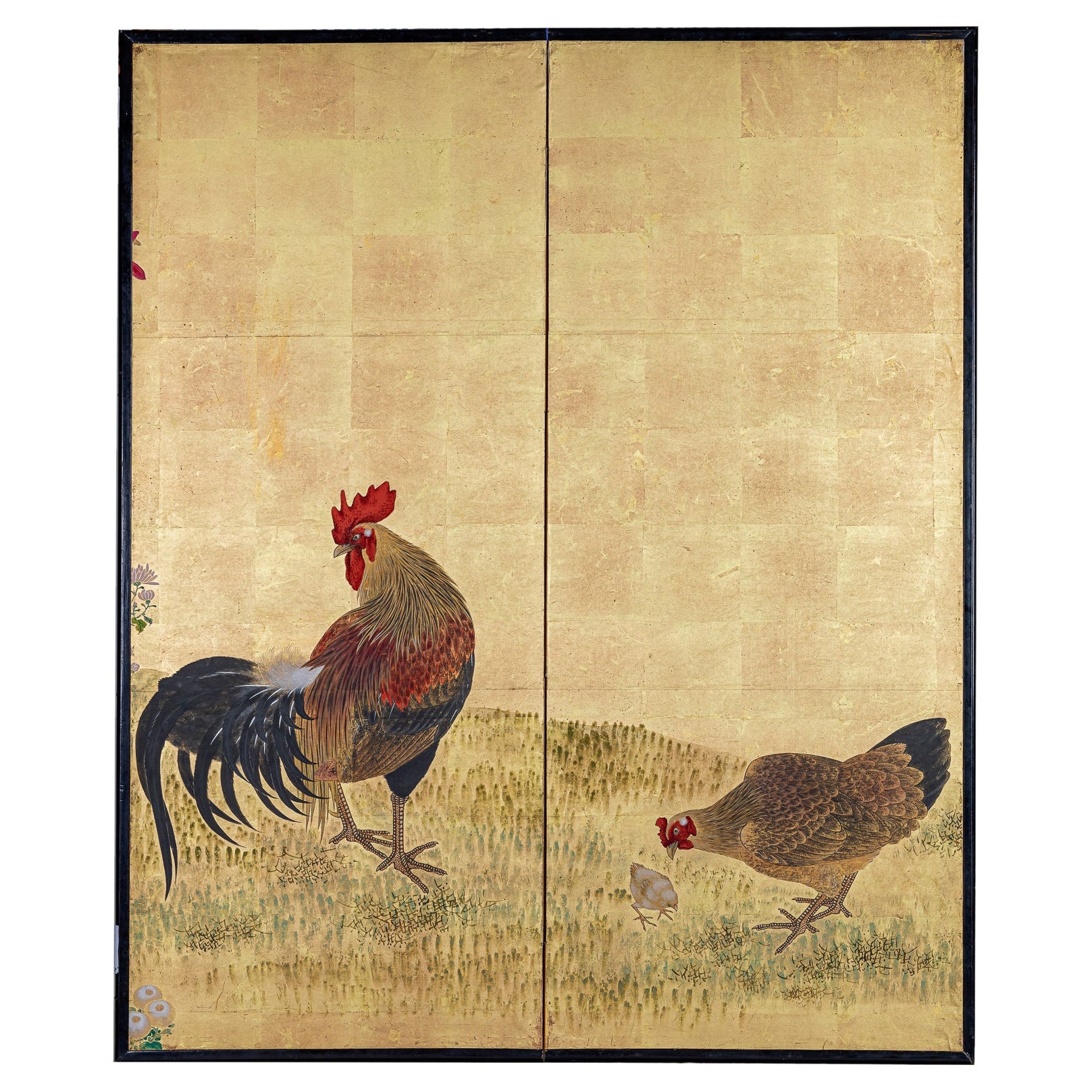 Japanese Two Panel Screen: Family of Chickens on Gold Leaf