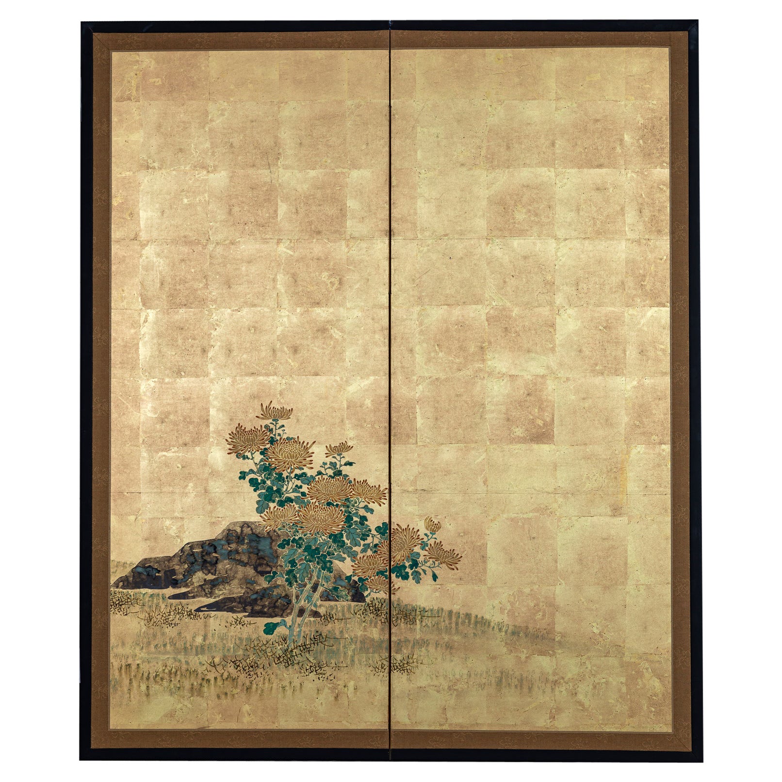 Japanese Two Panel Screen: Simple Chrysanthemums on Gold For Sale