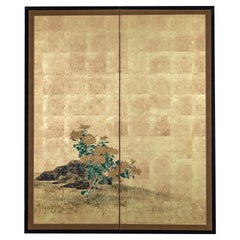 Japanese Two Panel Screen: Simple Chrysanthemums on Gold