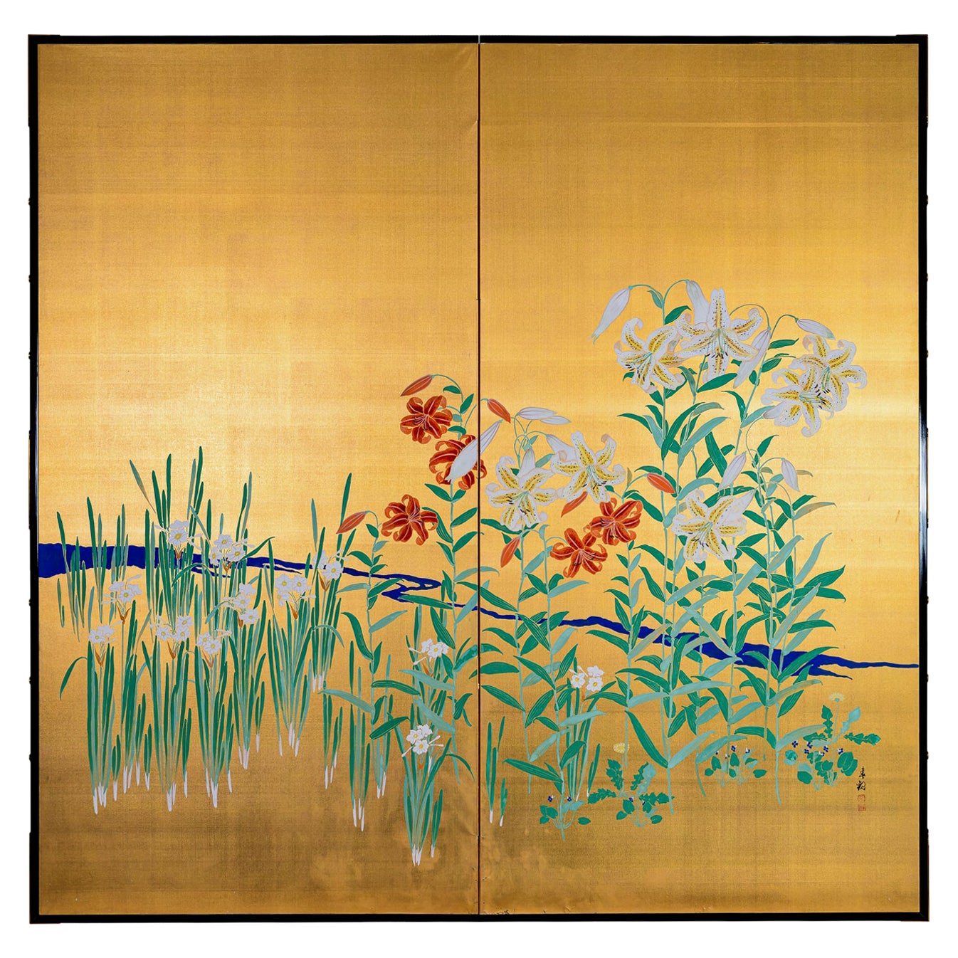Japanese Two Panel Screen: Flowers by River's Edge