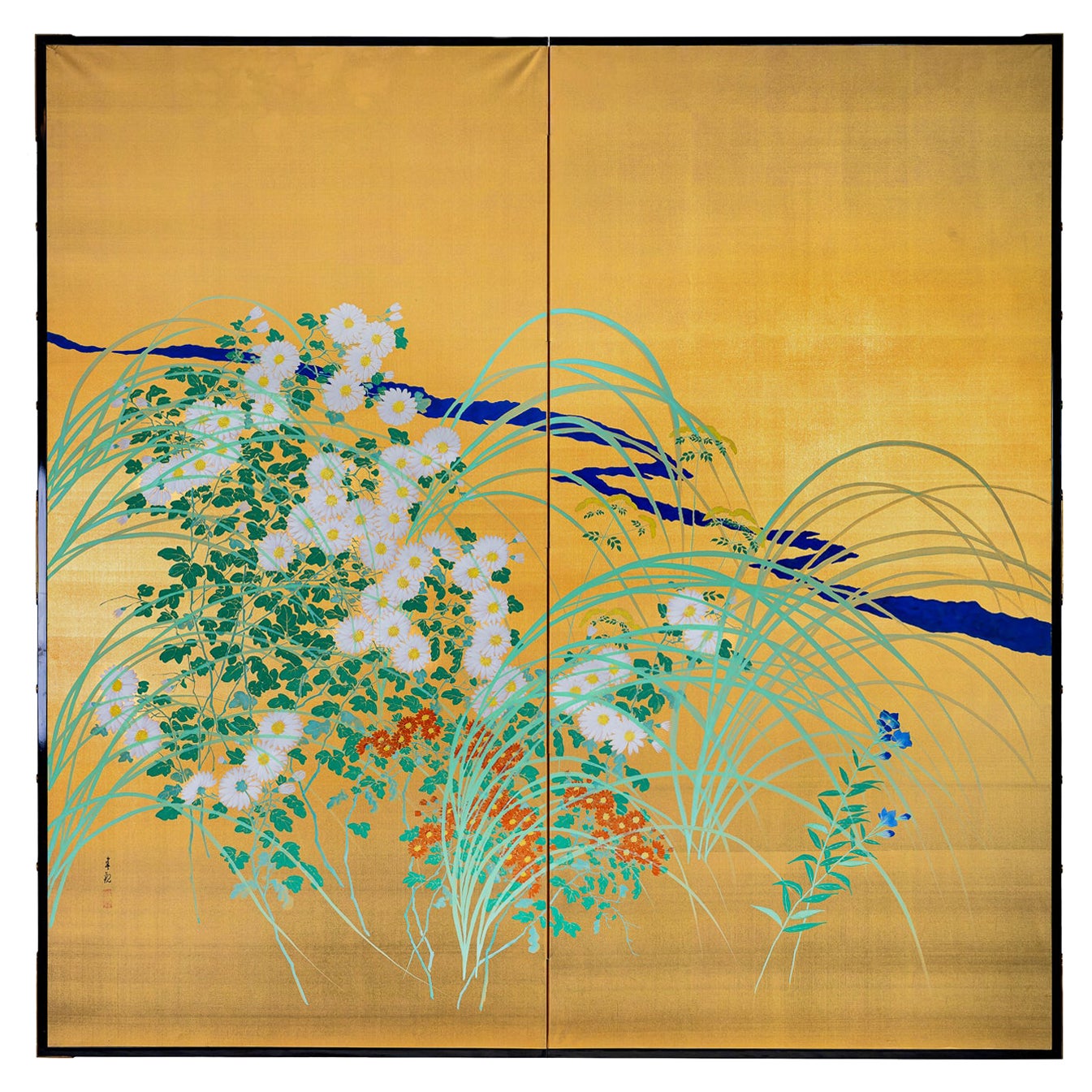 Japanese Two Panel Screen: Flowers by River's Edge
