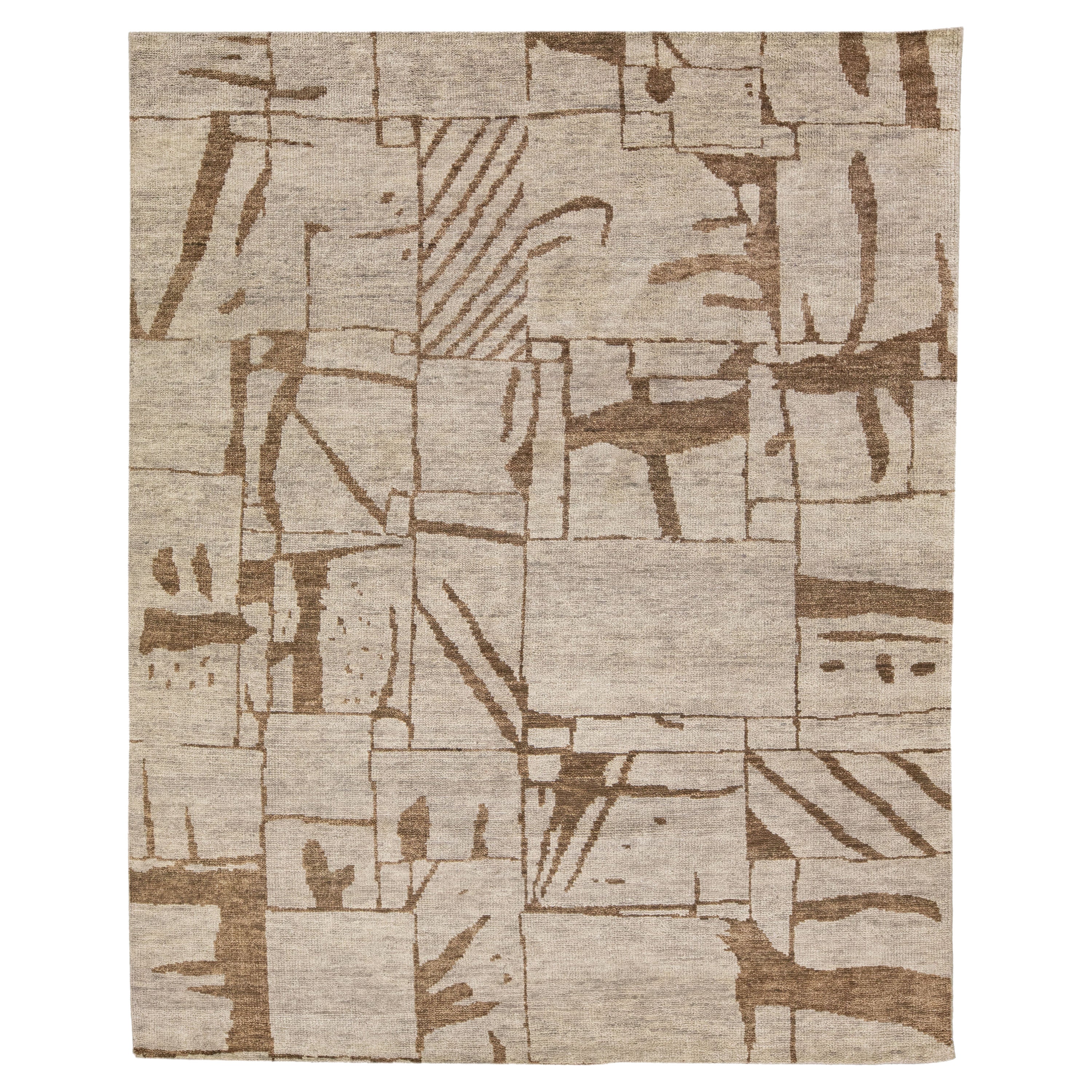 Contemporary Texture Handmade Designed Tan Wool Rug For Sale
