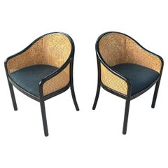 Retro Ward Bennett Landmark Style Lounge Chairs in Wood and Cane, a Pair