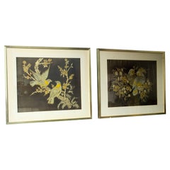 Set of 2 Framed Mid Century Chinese Antique Painted Textiles with Beautiful Bird