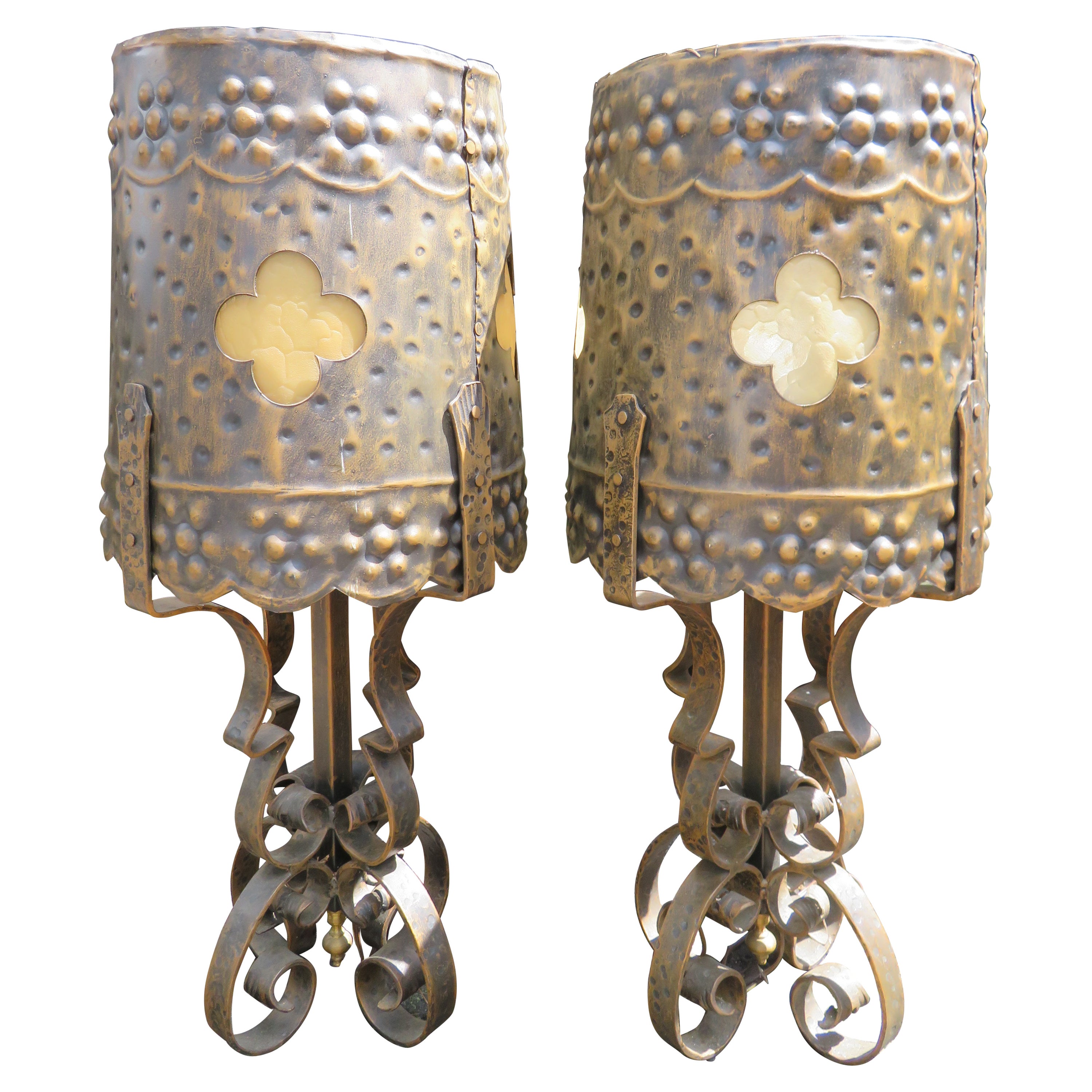 Monumental Brutalist Hammered Tudor Gothic Scroll Lamps Mid-Century Modern For Sale