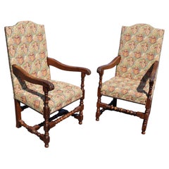 Pair of Large Scale Carved Oak Tapestry Throne Head Dining Chairs circa 1950