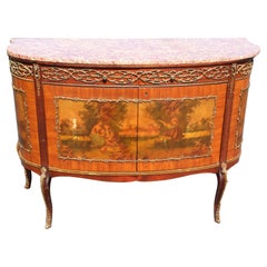 Antique French Louis XV Vernis Martin Painted Marble Top Lighted Bar Cabinet Commode