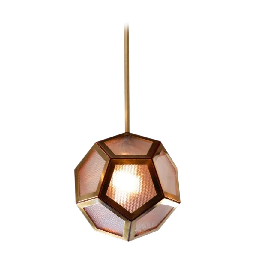 Geometric Brass, Tan Leather and Glass 'Pentagone' Lantern by Design Frères For Sale