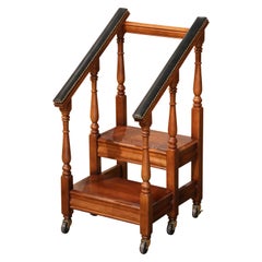 Retro French Louis XIII Carved Walnut & Leather Library Step Ladder on Wheels