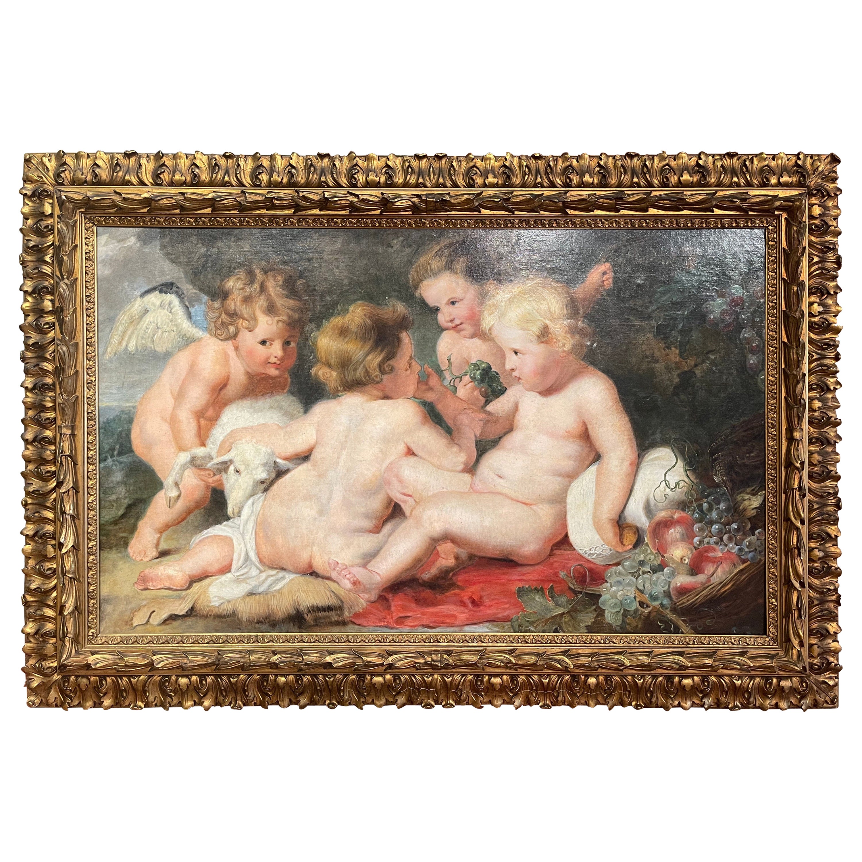 19th Century Framed Oil on Canvas Painting of Christ and St John After P. Rubens For Sale