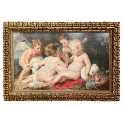 Antique 19th Century Framed Oil on Canvas Painting of Christ and St John After P. Rubens