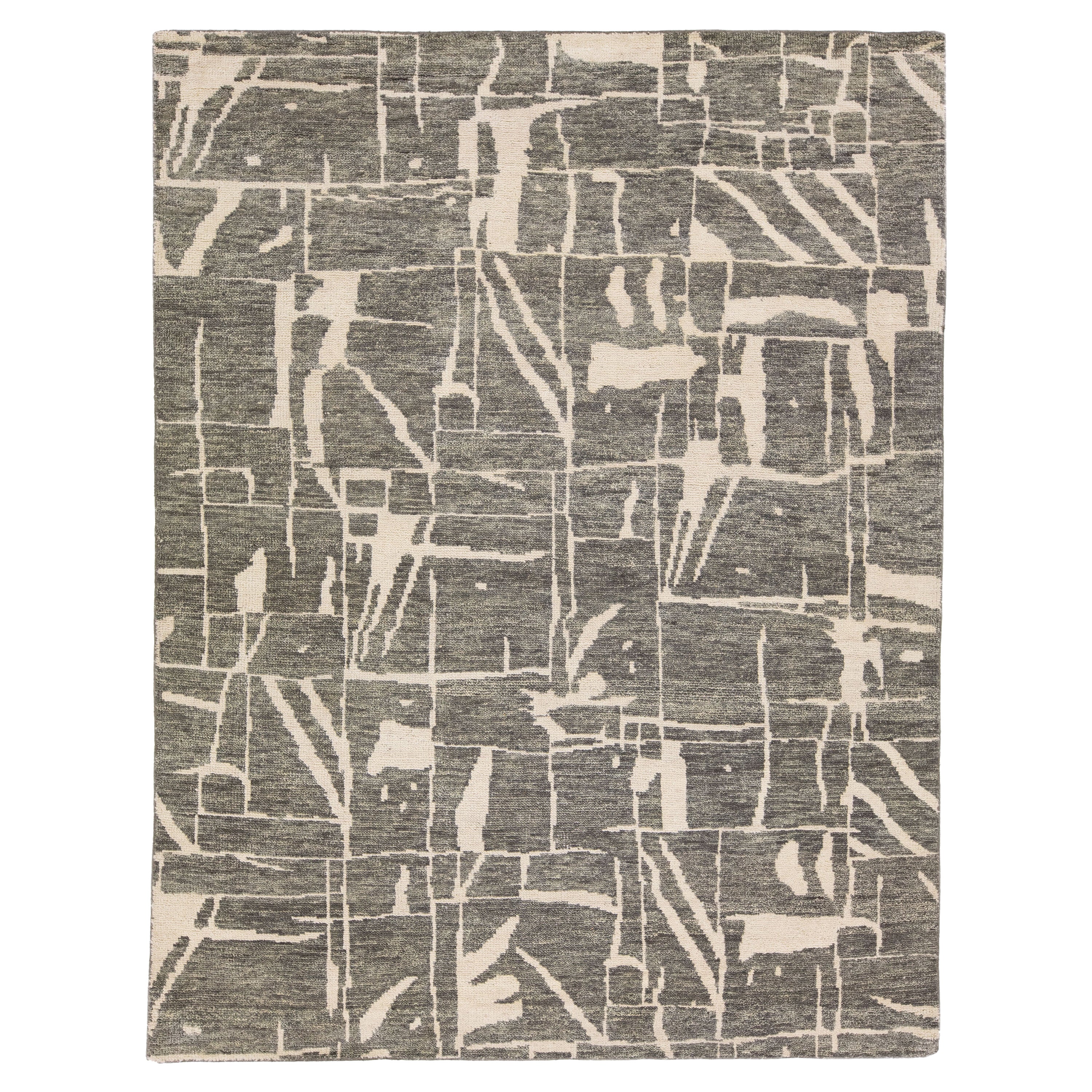 Contemporary Texture Handmade Pewter Green Designed Wool Rug