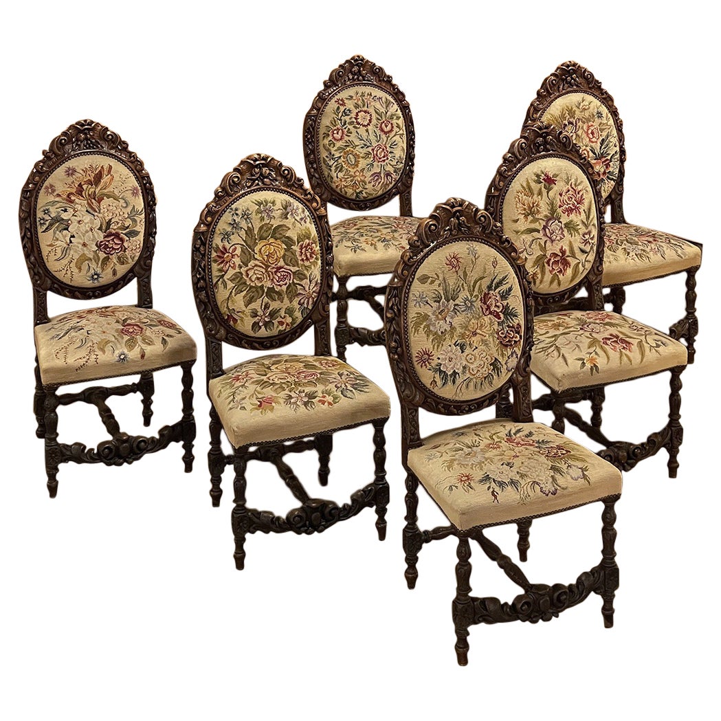 Set of Six 19th Century French Louis XVI Dining Chairs ~ Original Needlepoint For Sale