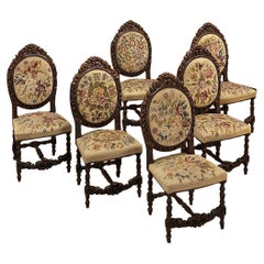 Set of Six 19th Century French Louis XVI Dining Chairs ~ Original Needlepoint