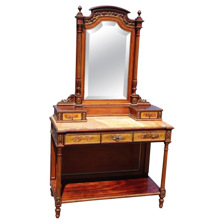 French Mirrored Fluted Column Louis XVI Marble Top Ladys Vanity circa