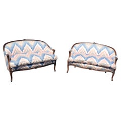 Pair French Louis XV Style Dark Walnut Embroidered Settees Canapes Circa 1950