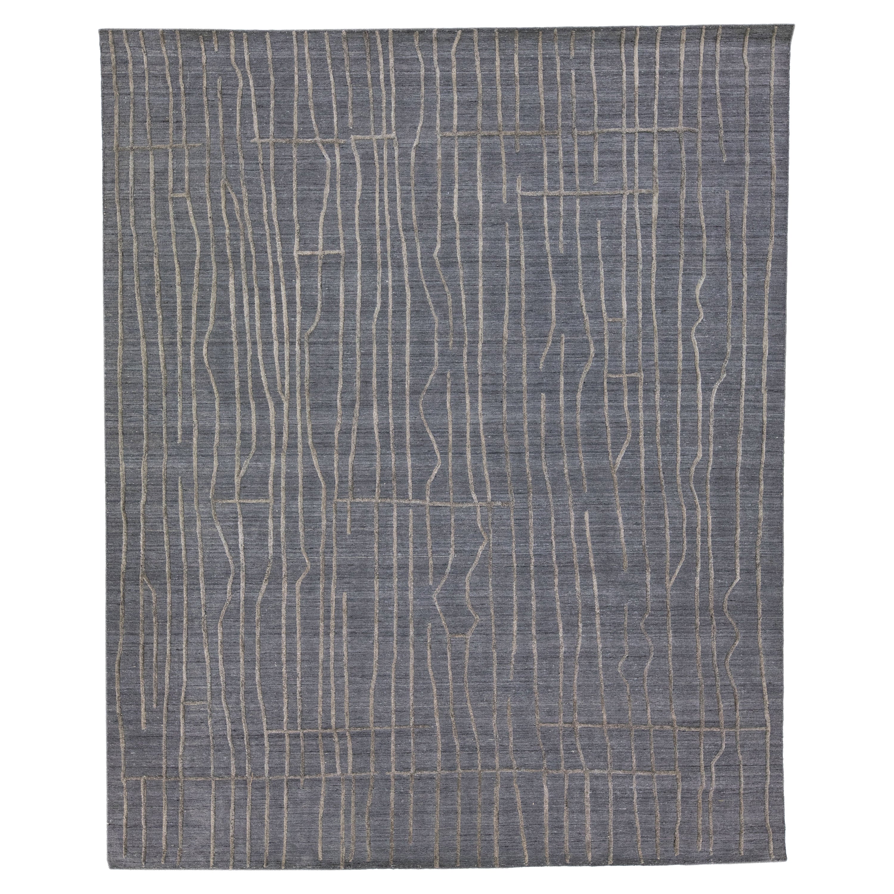 Contemporary Texture Handmade Charcoal Wool & Viscose Rug For Sale