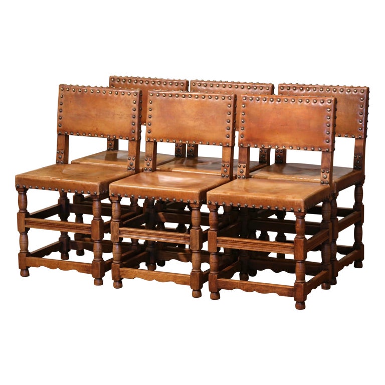 19th Century French Carved Oak and Leather Upholstered Chairs, Set of ...