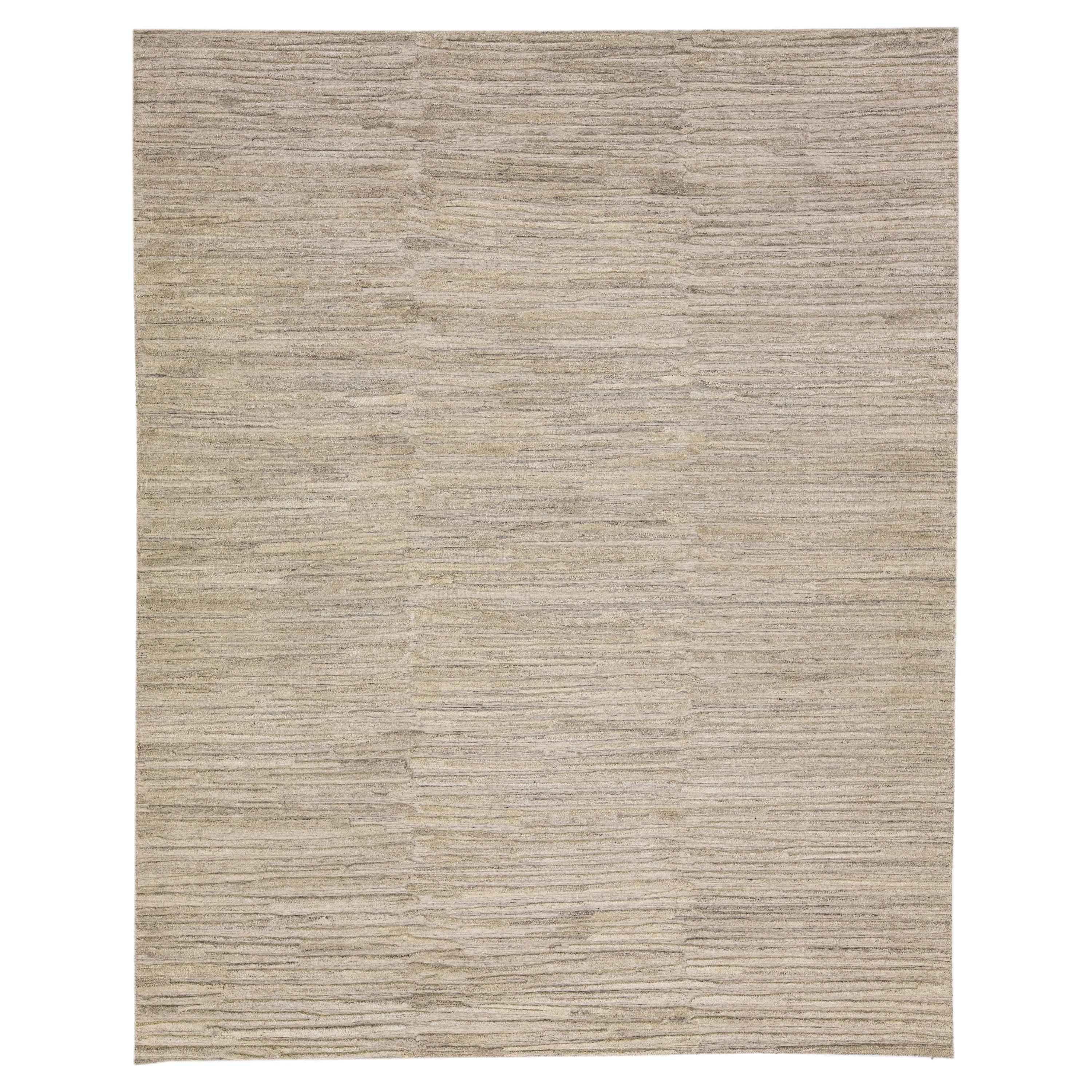 Contemporary Texture Natural Beige Handmade Wool & Viscose Rug For Sale