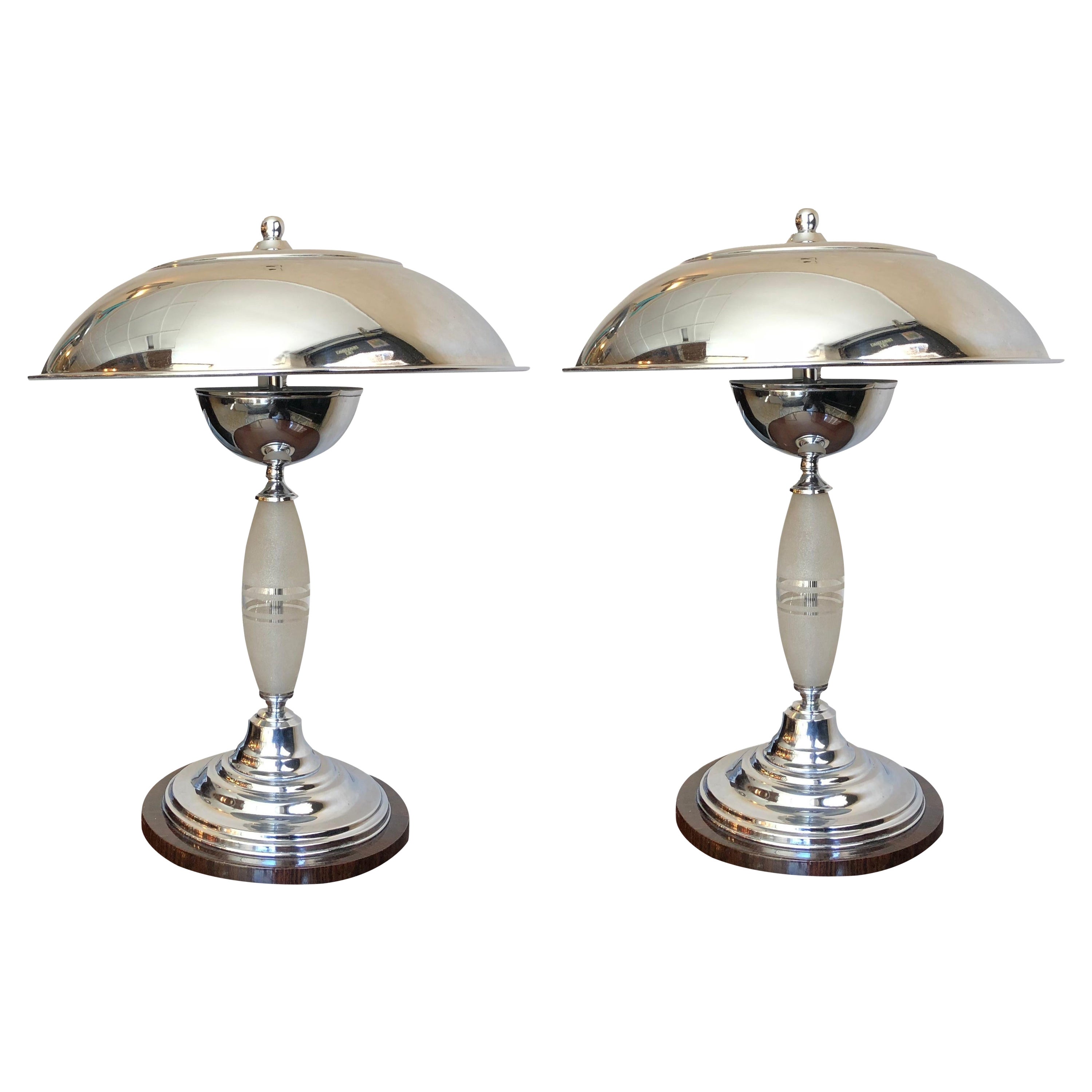 Pair of Table Lamps, Style, Art Deco, 1930, French, Material, Glass, Chrome For Sale