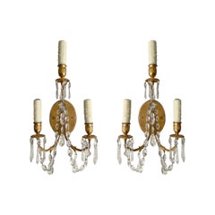 French Neoclassical Brass and Crystal Sconces