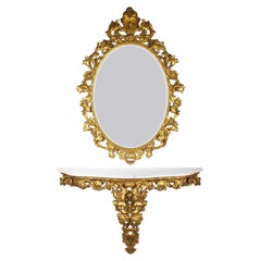 Italian Florentine Gilt Wood Carved Oval Mirror & Marble Top Console Set