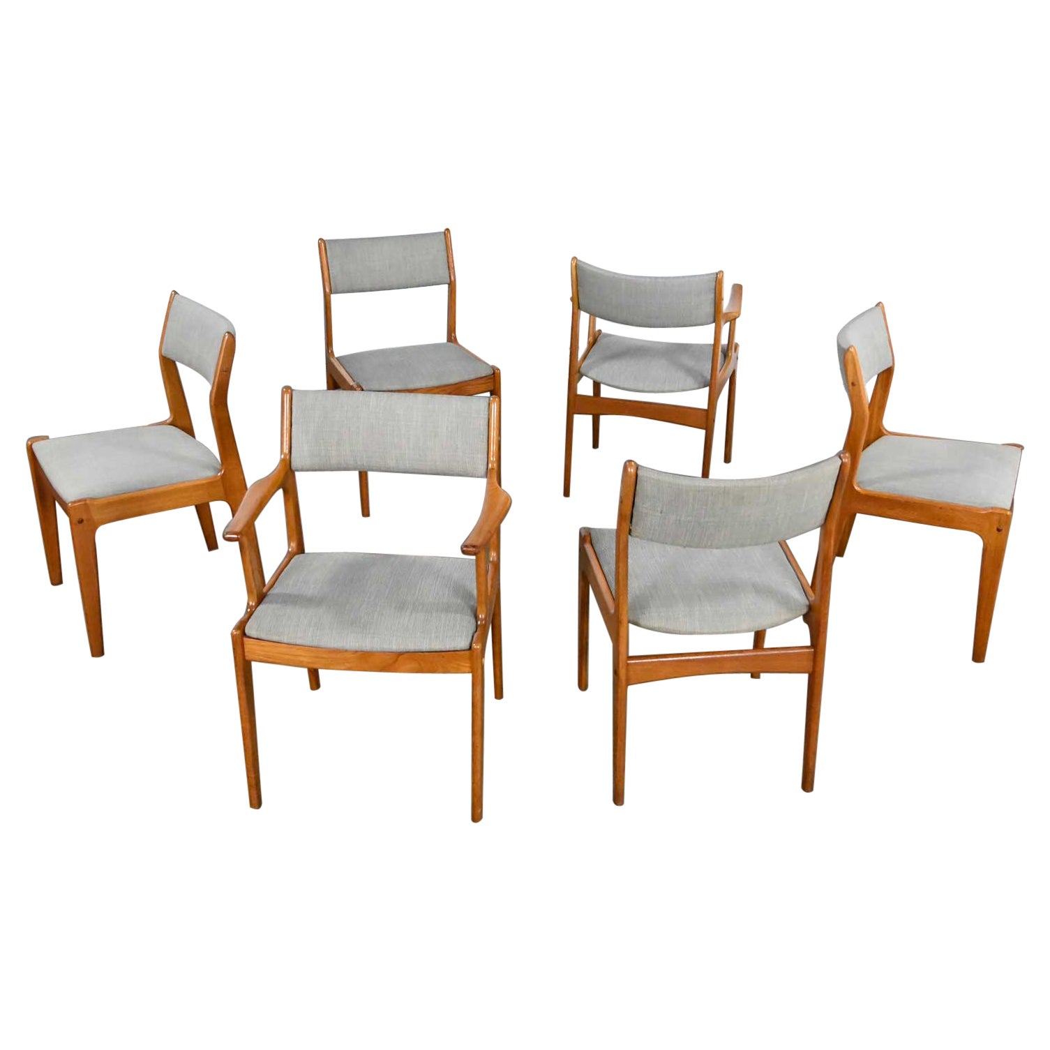 Vintage Scandinavian Modern Teak & Grey Fabric Dining Chairs 2 Arm 4 Side Set 6 For Sale