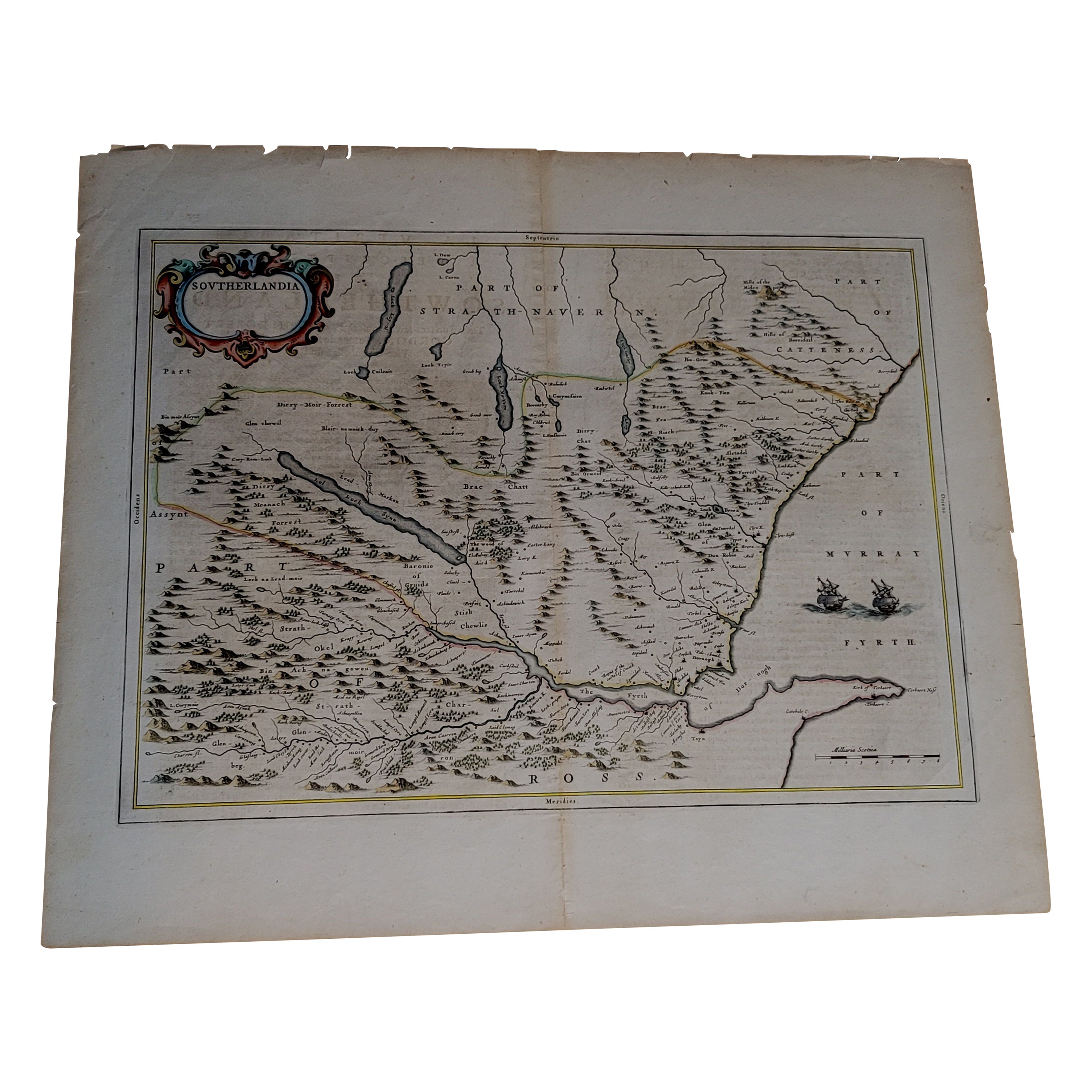 1654 Carte de Joan Blaeu représentant le Sutherland, Écosse, intitulée « Southerlandia, »Ric0007 en vente