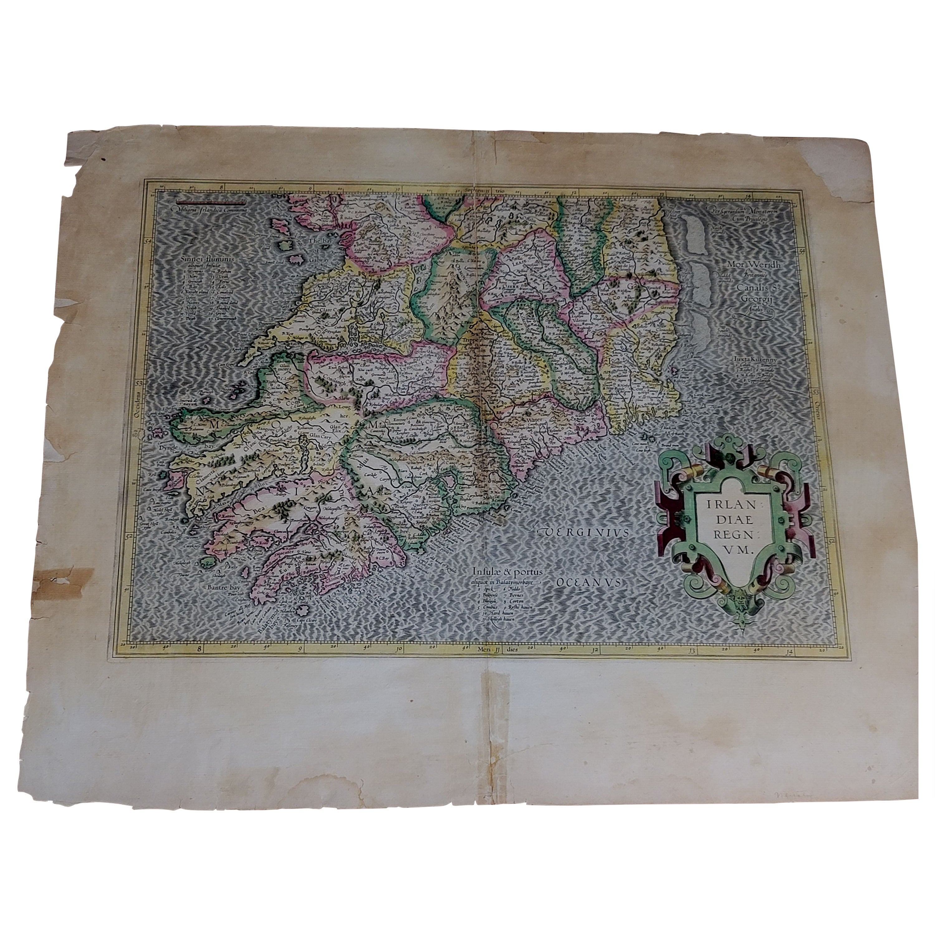 1585 Mercator Map of Ireland, Entitled "Irlandiae Regnvm, " Hand Colored Ric0006 For Sale