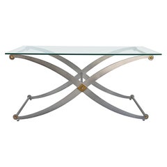 Vintage Steel / Brass X-Frame Sabre Leg Console Table with Glass Top