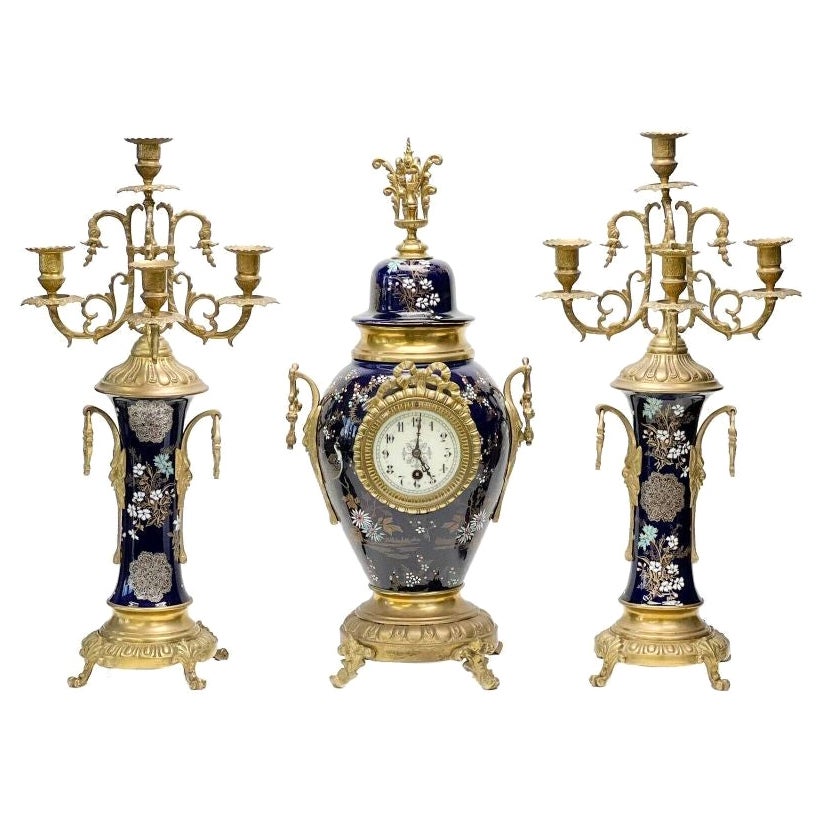 3 Piece French Japonisme Gilt Bronze Mounted Enameled Porcelain Clock Garniture For Sale