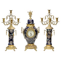 3 Piece French Japonisme Gilt Bronze Mounted Enameled Porcelain Clock Garniture
