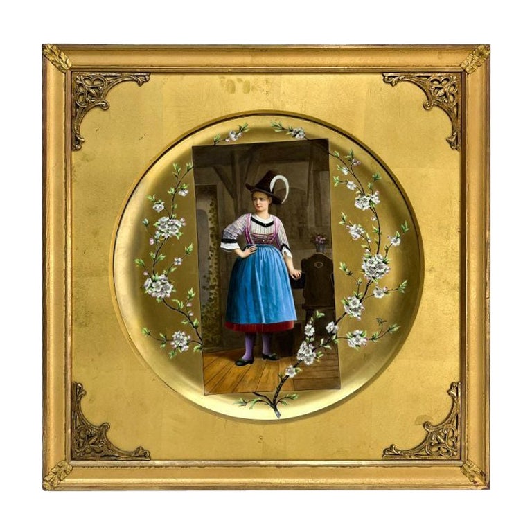German Hand Painted Porcelain Plaque of a Young Bavarian Woman, Framed For Sale