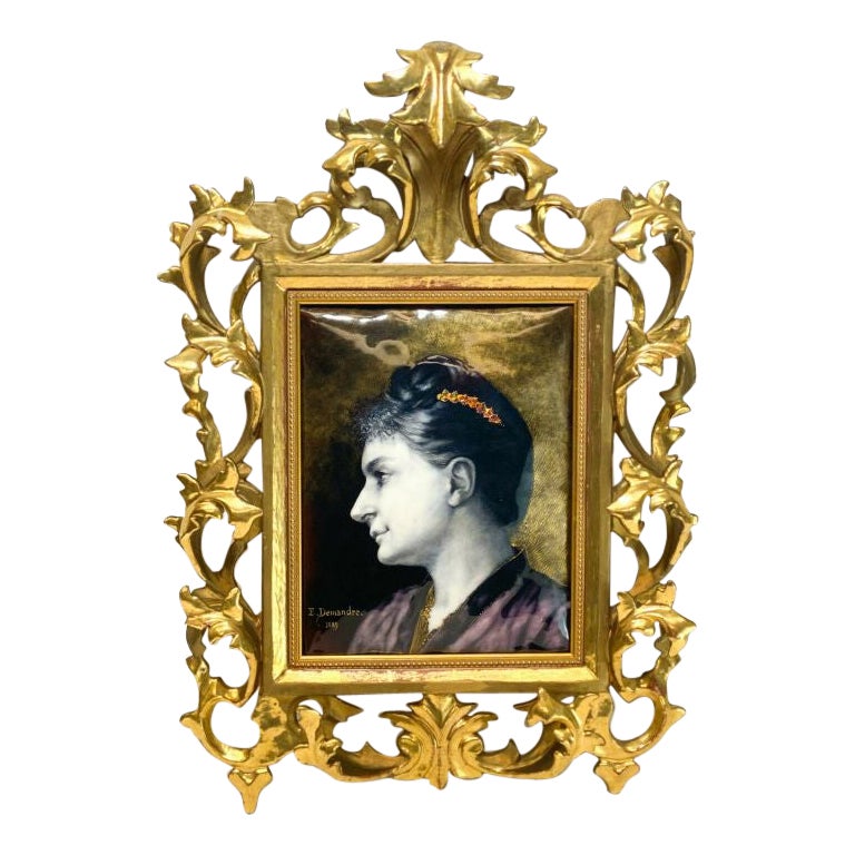 French Enamel Hand Painted Metal Plaque Beauty by E. Damandre, 1889 For Sale