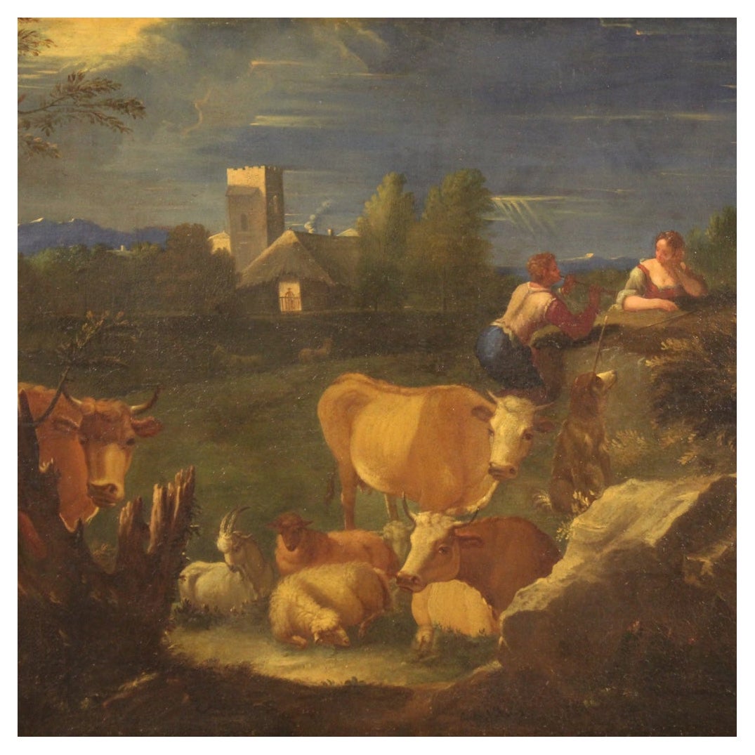 18th Century Oil on Canvas Italian Antique Bucolic Landscape Painting, 1770 For Sale