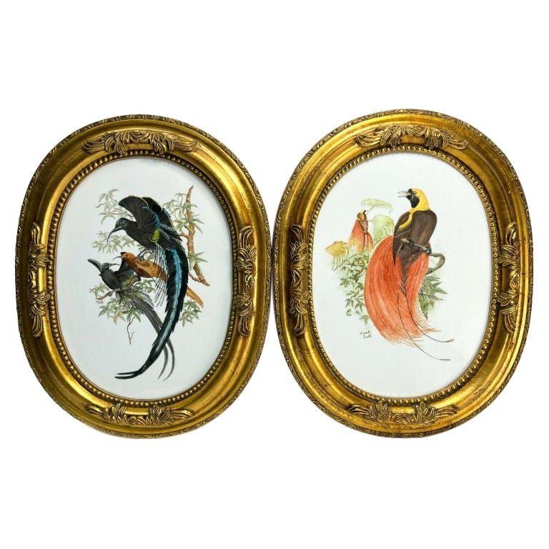 Plaque en porcelaine peinte à la main représentant des oiseaux, signée Carole Scott