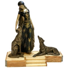 Vintage Georges Van De Voorde Art Deco Patinated & Silvered Metal Sculpture Maiden & Dog