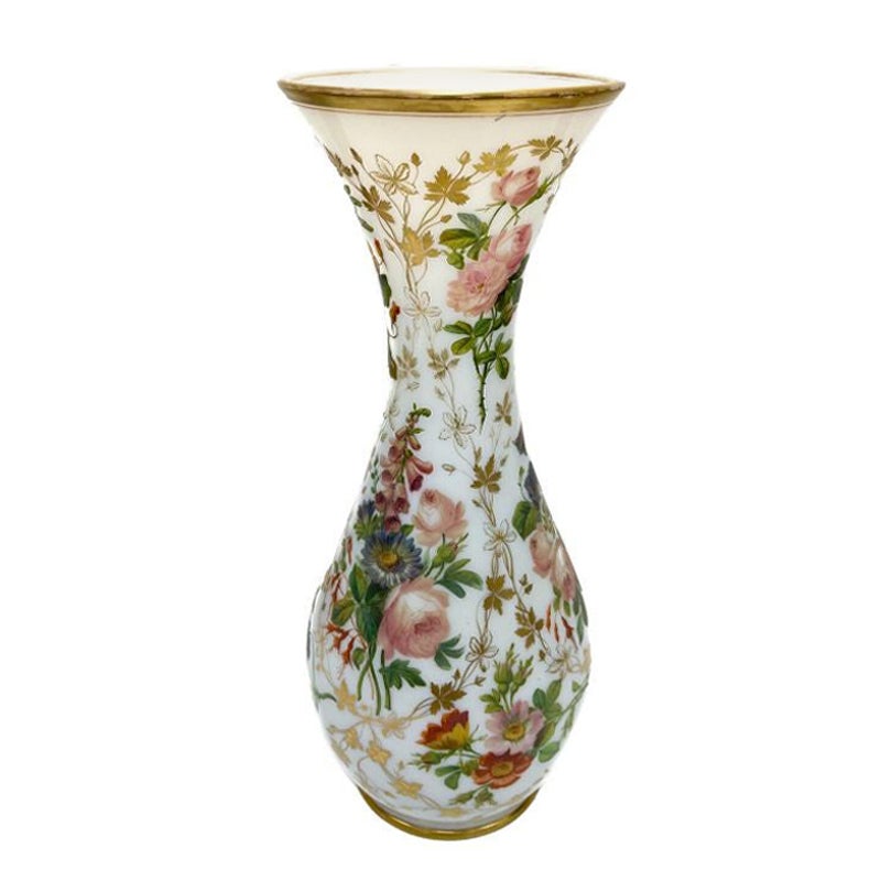 Baccarat French White Opaline Glass Hand Painted Floral Vase, circa 1900 For Sale