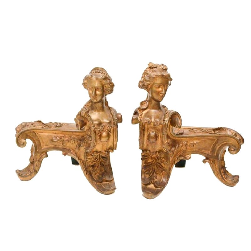 Pair of Continental Gilt Bronze Chenets Figural Women, 19th Century For Sale