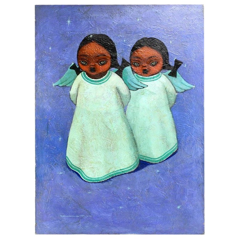 Oil on Canvas Painting of Two Angel Girls by Jose Samano Torres