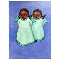 Vintage Oil on Canvas Painting of Two Angel Girls by Jose Samano Torres